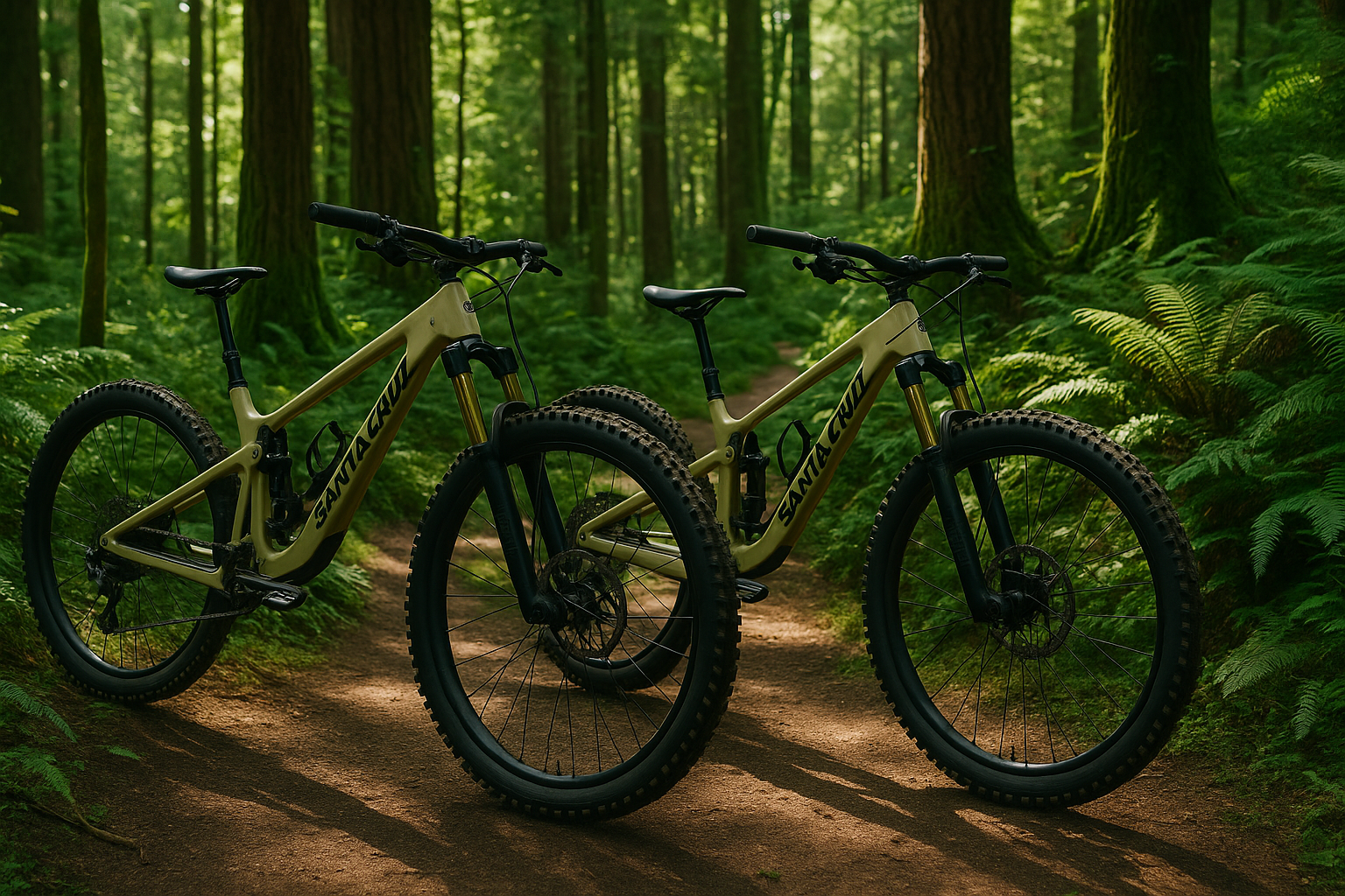 GENERAT FOR ME A VIDEO THAT HAVE BIKES SANTA CRUZ IN THE FOREST 