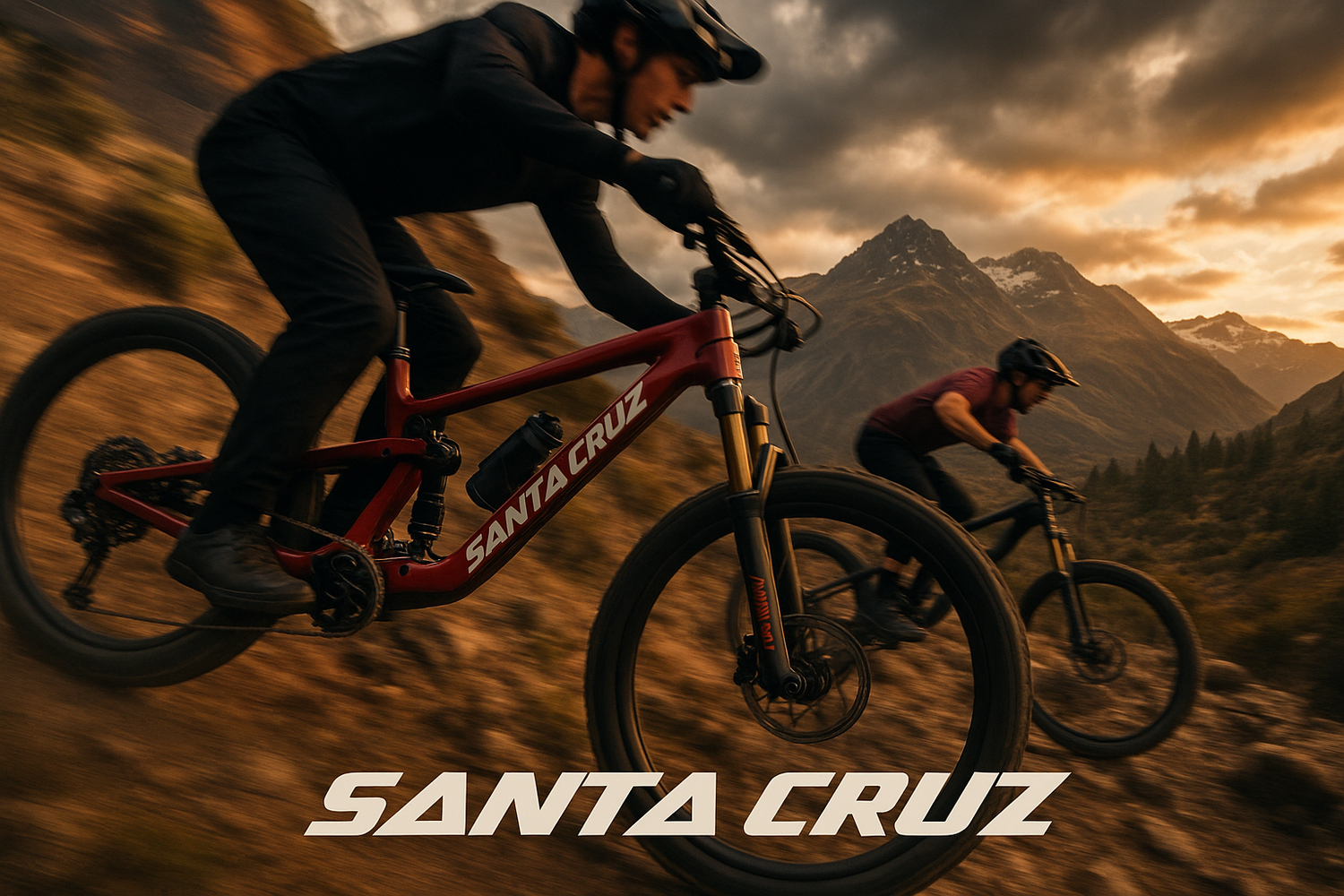 GENERAT FOR ME AN IMAGE PUBLICITAIRE THAT HAVE BIKES SANTA CRUZ 